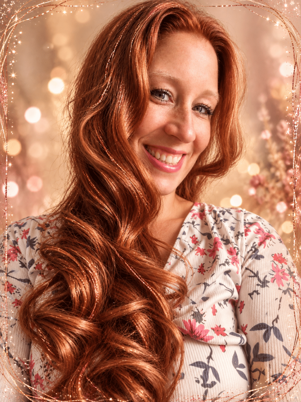 Gründerin Maria Zapp mit ihrer neuen kupferroten Haarpracht und Hair Tinsel in Copper Crush